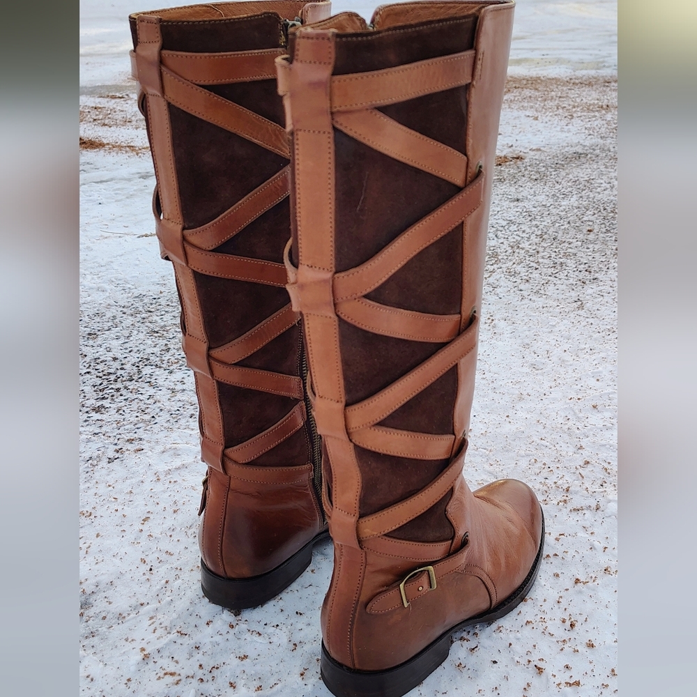 Frye Jordan Leather And Suede Cross Strap Riding Boots - Picture 16 of 16
